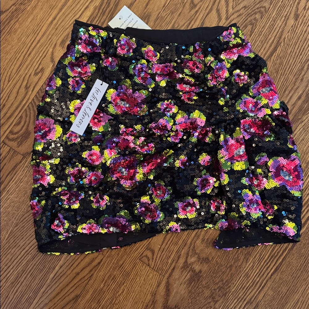 For Love And Lemons Black Floral Sequin Mini Skirt